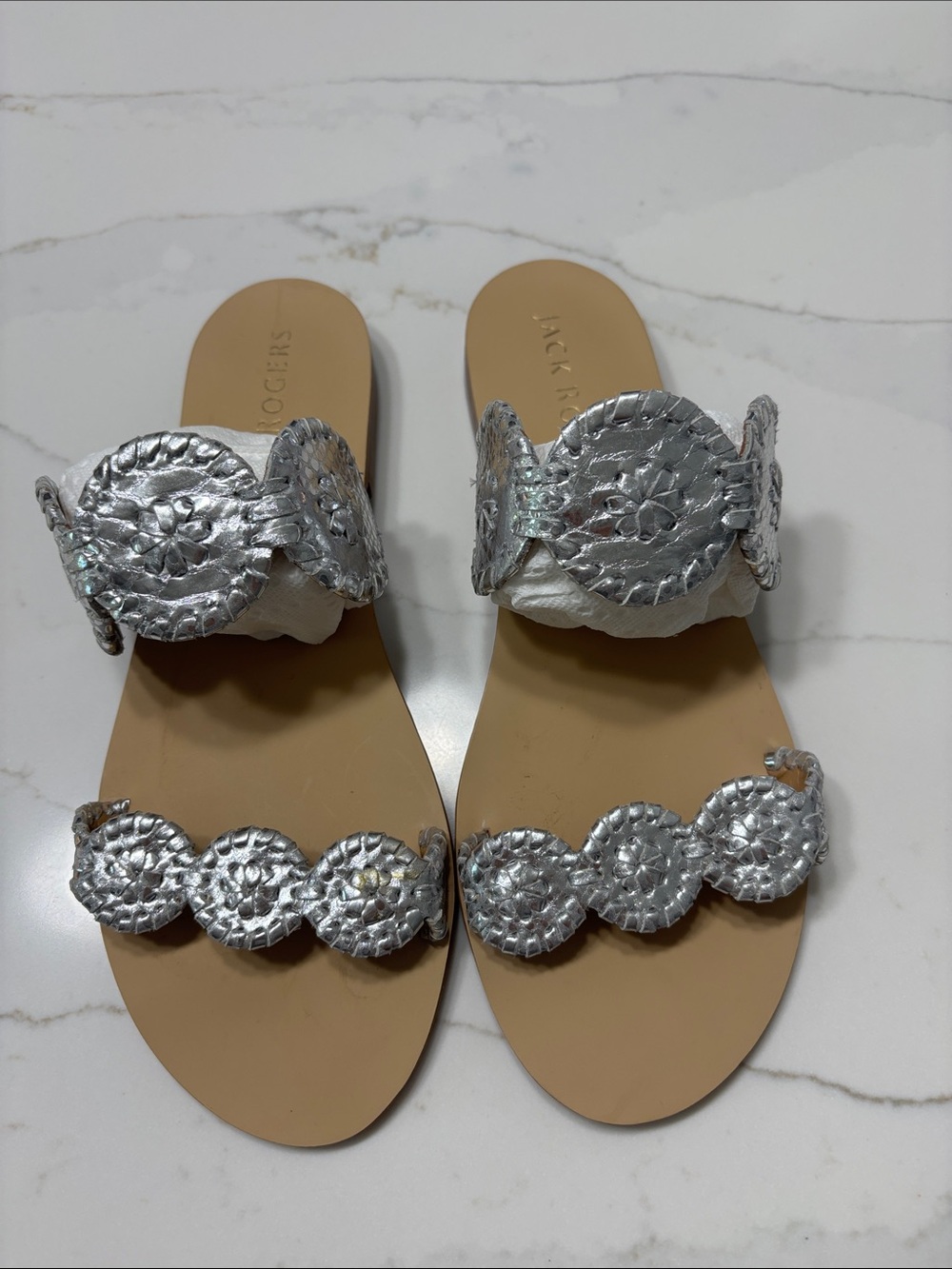 Jack Rogers Silver Beaded Double-Strap Slide Sandals - Picture 3 of 8